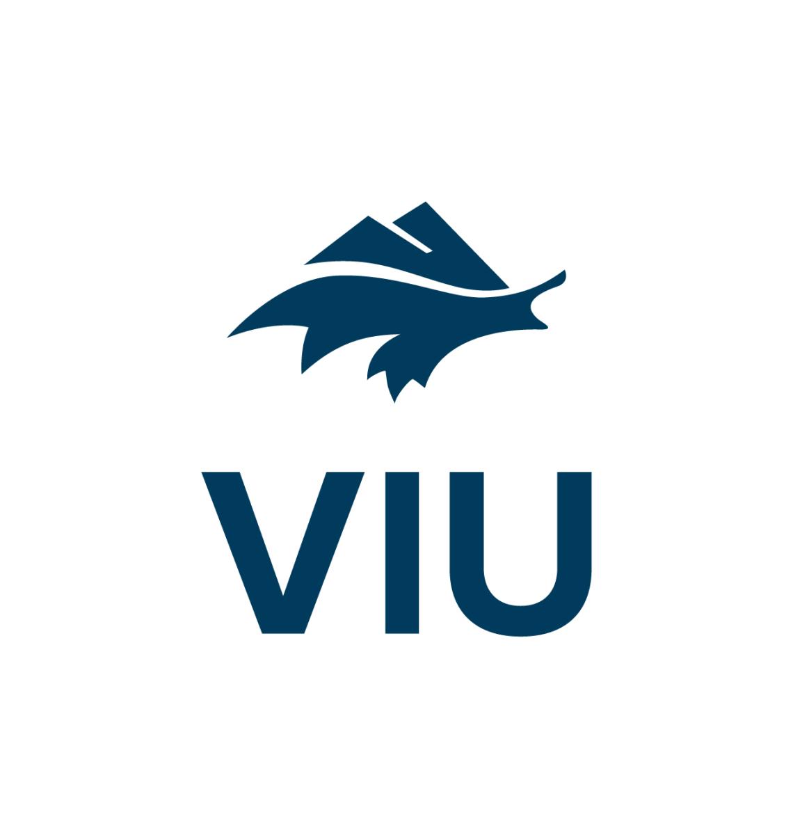 VIU logo in dark blue with a graphic of mountains above waves