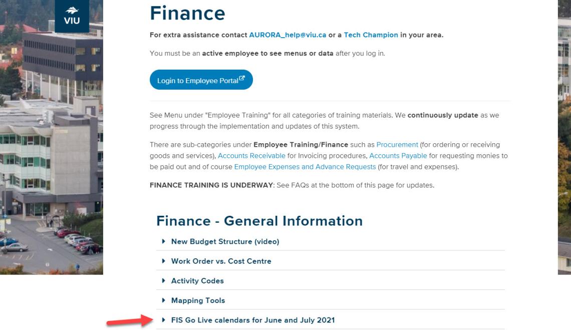 Finance training home page with red arrow pointing to item under general - Finance called FIS Go Live calendars for June and July 2021