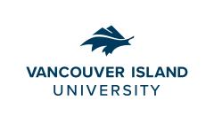 Vancouver Island University logo in blue with a graphic of a mountain on top of waves.