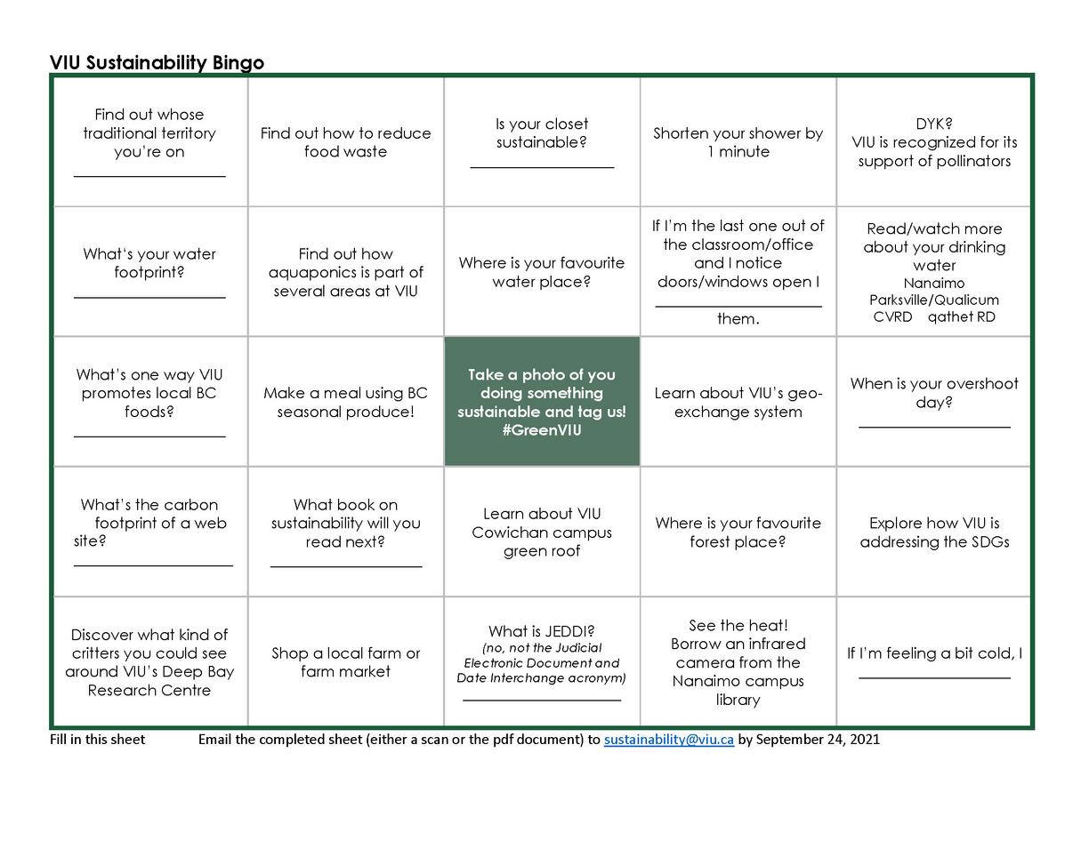 VIU Sustainability Bingo Card